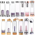 BPA-Free Custom Nature Gemstone Tea Infuser Stainless Steel Drinking Borosilicate Doudle Wall Glass Water Bottle With Crystal